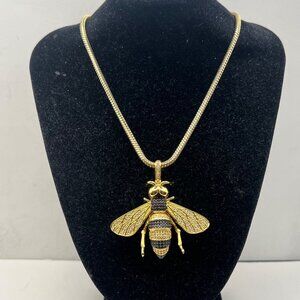 Gold Tone Bee Pendant Necklace Pave Crystal Black Stones Statement 24" LOOK